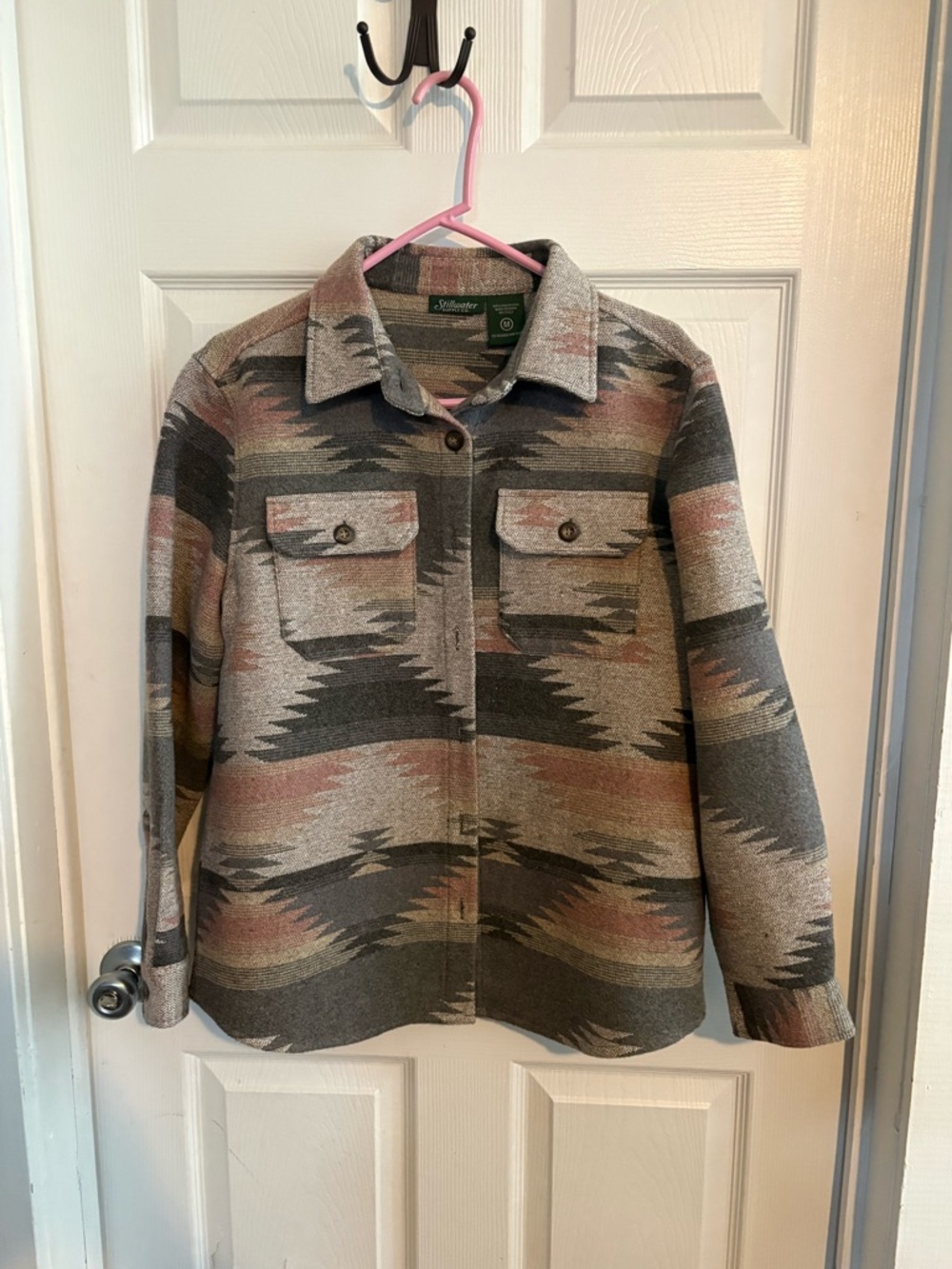 Utility Jacket with Aztec-Inspired Pattern in Gray and Pink